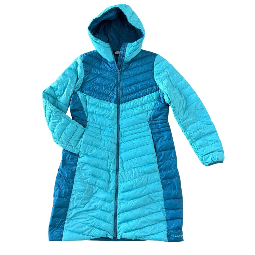 Lands End Wanderweight Packable Down Puffer Coat M Blue Teal Hooded Long Jacket